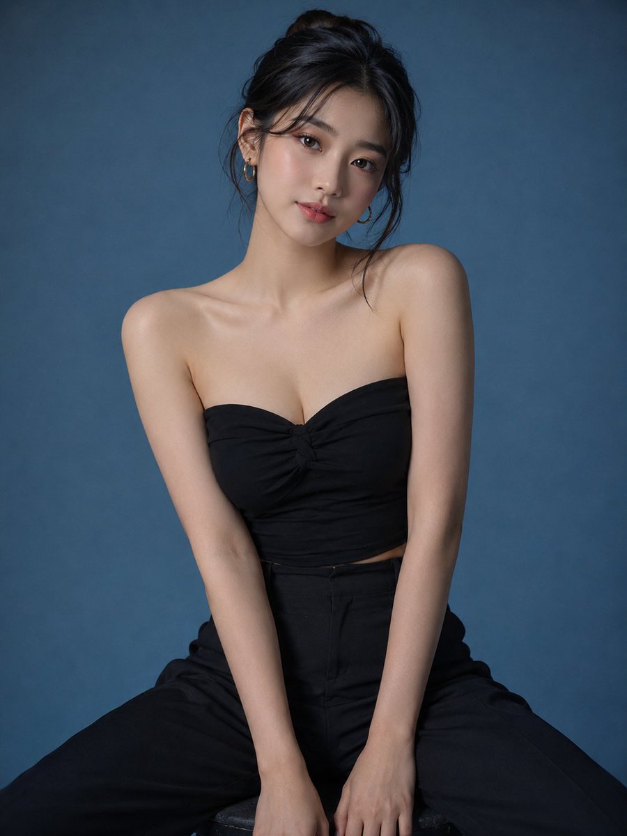 超写实工作室时尚肖像照，一位可爱优雅的年轻韩国女性，拥有无瑕白皙的肌肤、柔和的鹅蛋脸、明亮富有表现力的棕色双眸、自然红润的唇色、精致的鼻梁，以及一头顺滑的黑色…