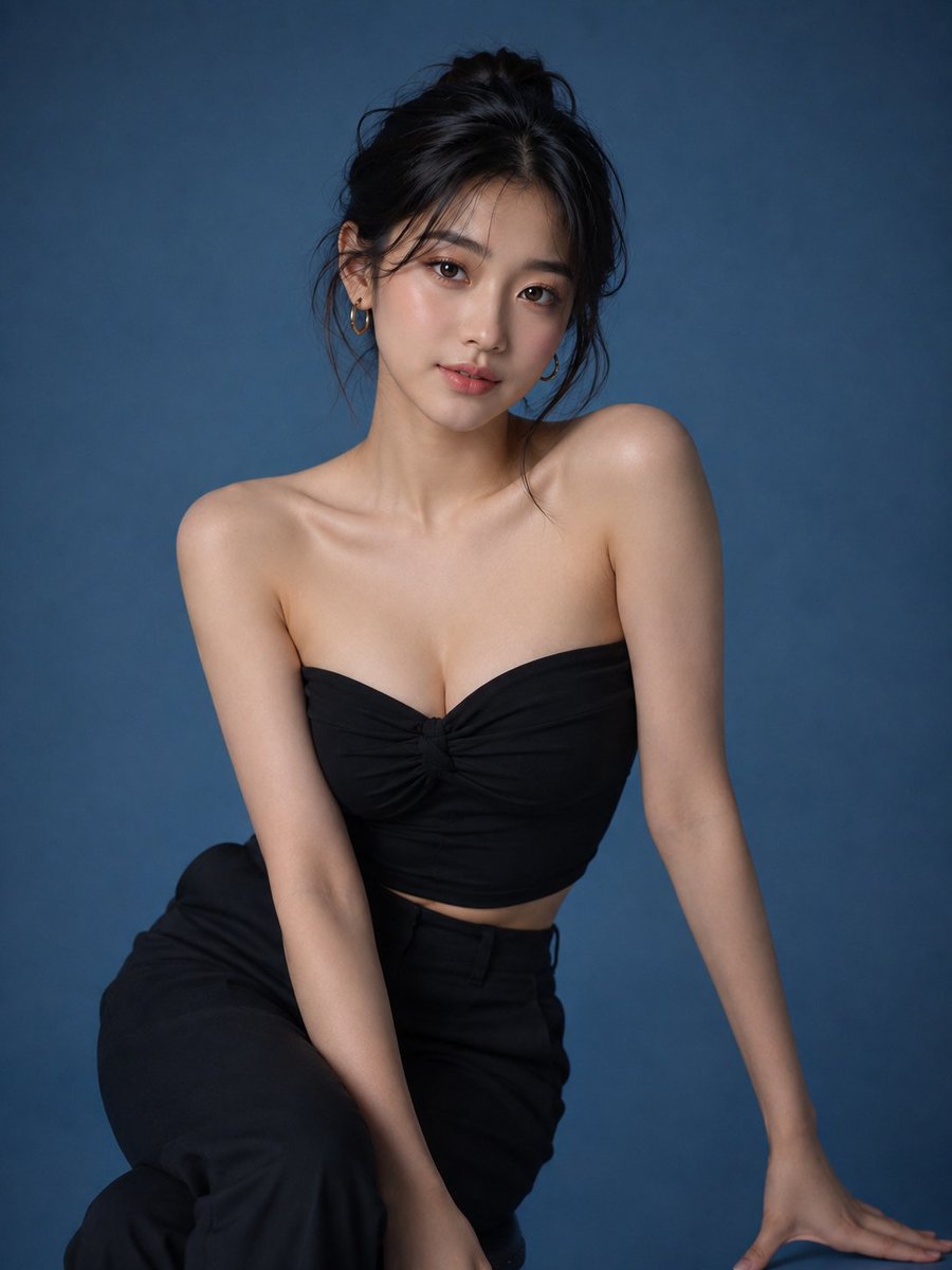 超写实工作室时尚肖像照，一位可爱优雅的年轻韩国女性，拥有无瑕白皙的肌肤、柔和的鹅蛋脸、明亮富有表现力的棕色双眸、自然红润的唇色、精致的鼻梁，以及一头顺滑的黑色长发，以松散随意的发…