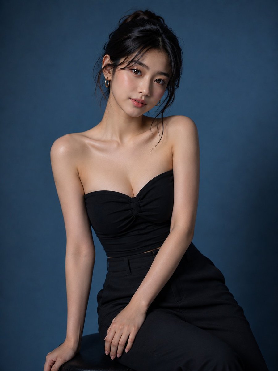 超写实工作室时尚肖像照，一位可爱优雅的年轻韩国女性，拥有无瑕白皙的肌肤、柔和的鹅蛋脸、明亮富有表现力的棕色双眸、自然红润的唇色、精致的鼻梁，以及一头顺滑的黑色长发，以松散随意的发…