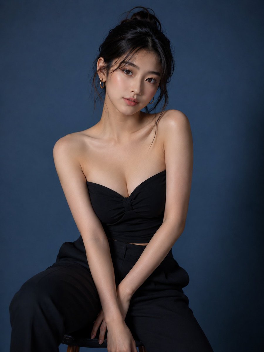 超写实工作室时尚肖像照，一位可爱优雅的年轻韩国女性，拥有无瑕白皙的肌肤、柔和的鹅蛋脸、明亮富有表现力的棕色双眸、自然红润的唇色、精致的鼻梁，以及一头顺滑的黑色长发，以松散随意的发…