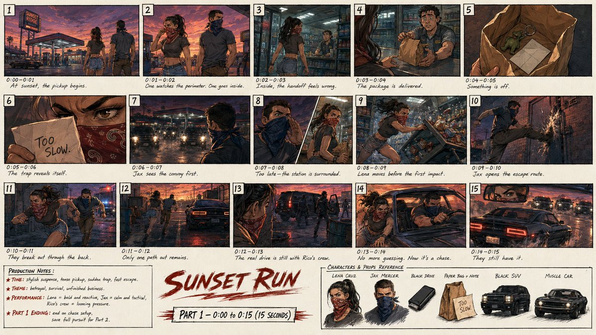 为一部名为《Sunset Run》（日落狂奔）的原创二维动作惊悚短片，仅就 PART 1，创作一张高细节的专业故事板（分镜）单页图像。页面应仅呈现完整的 15…