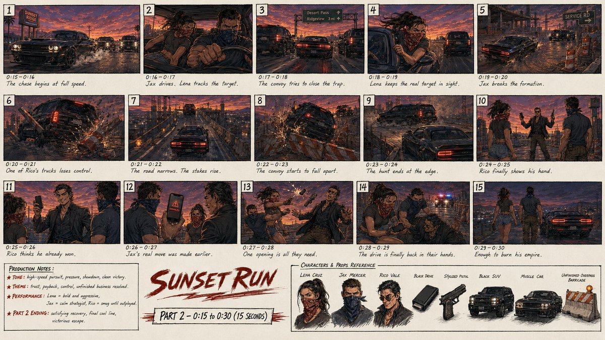 为一部名为《Sunset Run》的原创2D动作惊悚短片的下集（PART 2）制作一张高细节的专业故事板单页图像。该页面仅呈现下集完整的15秒故事板,具有时尚的好莱坞电影动作感…