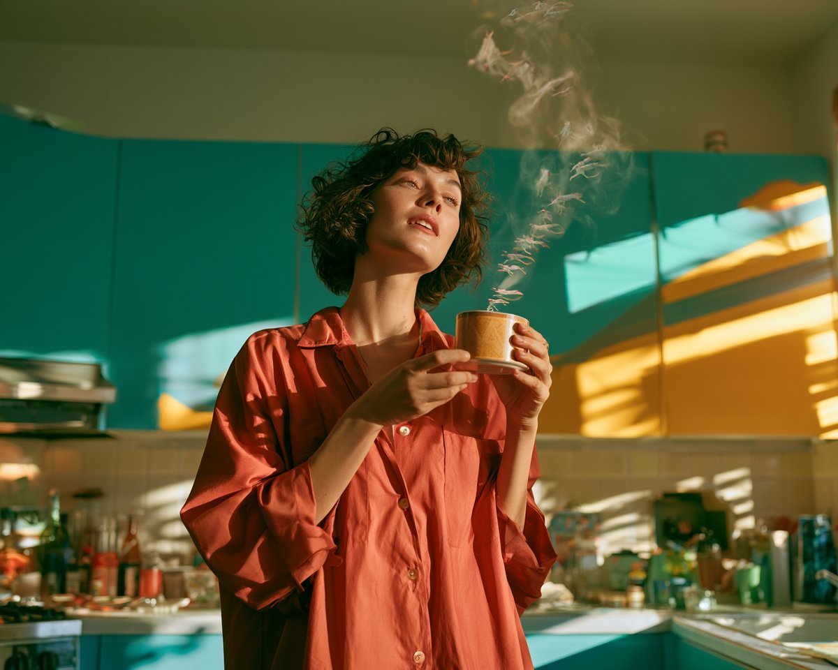 美丽的年轻成年女性刚刚醒来后站在一间明亮的复古厨房里,手捧一杯新鲜咖啡,咖啡升腾的蒸汽化身为一行嬉戏的半透明迷你生物,沿着空气向上攀爬直至天花板,蓬松短发,宽松朱红色衬衫,神情愉…