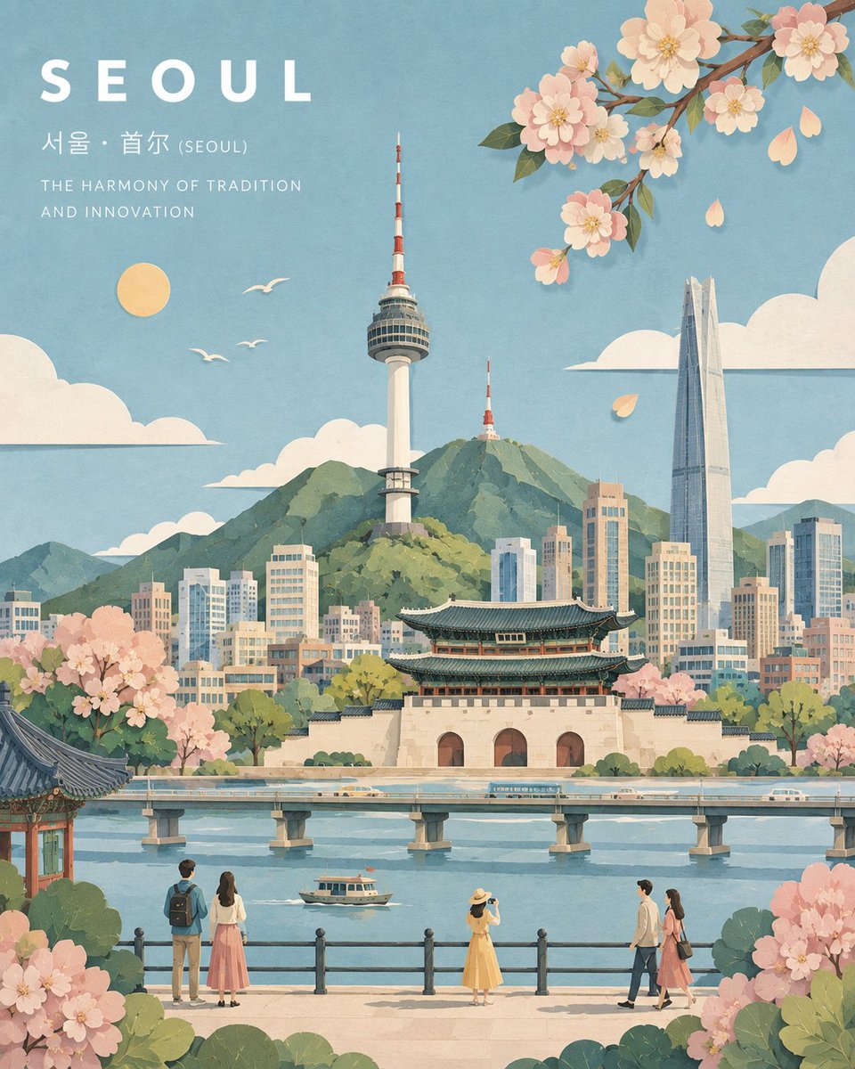 创作一幅精致的横向风景插画,主题为[城市/主题],以[标志性建筑/景观]作为主要可识别的视觉焦点。 风格:极简、优雅的粉彩拼贴旅行海报。风格化而非写实,采用干净的几何形状、分层剪…