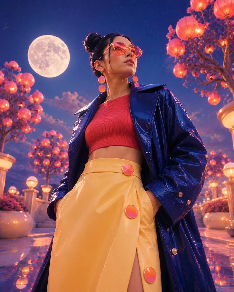 Gpt Image 2 在 ChatGpt 提示词 ⤵️ [CHARACTER] 的低角度超现实时尚肖像，发型为 [HAIR]，身着 [CLOTHING]，佩戴 [ACCESSO…