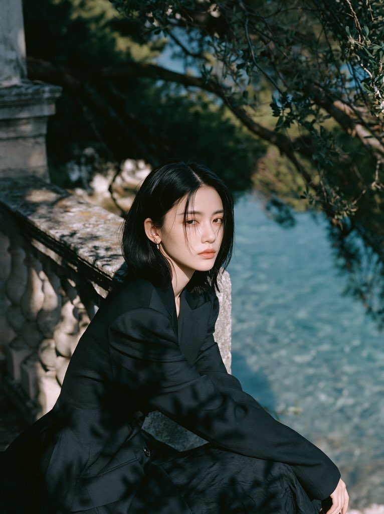 一位美丽的中国女性，留着黑色短发，独自坐在地中海别墅的露台旁，身着优雅的黑色定制西装外套，极简风格，神情安静而内敛，目光望向镜头之外。她坐在古老的石栏杆旁，俯瞰清澈见底的碧绿海水…