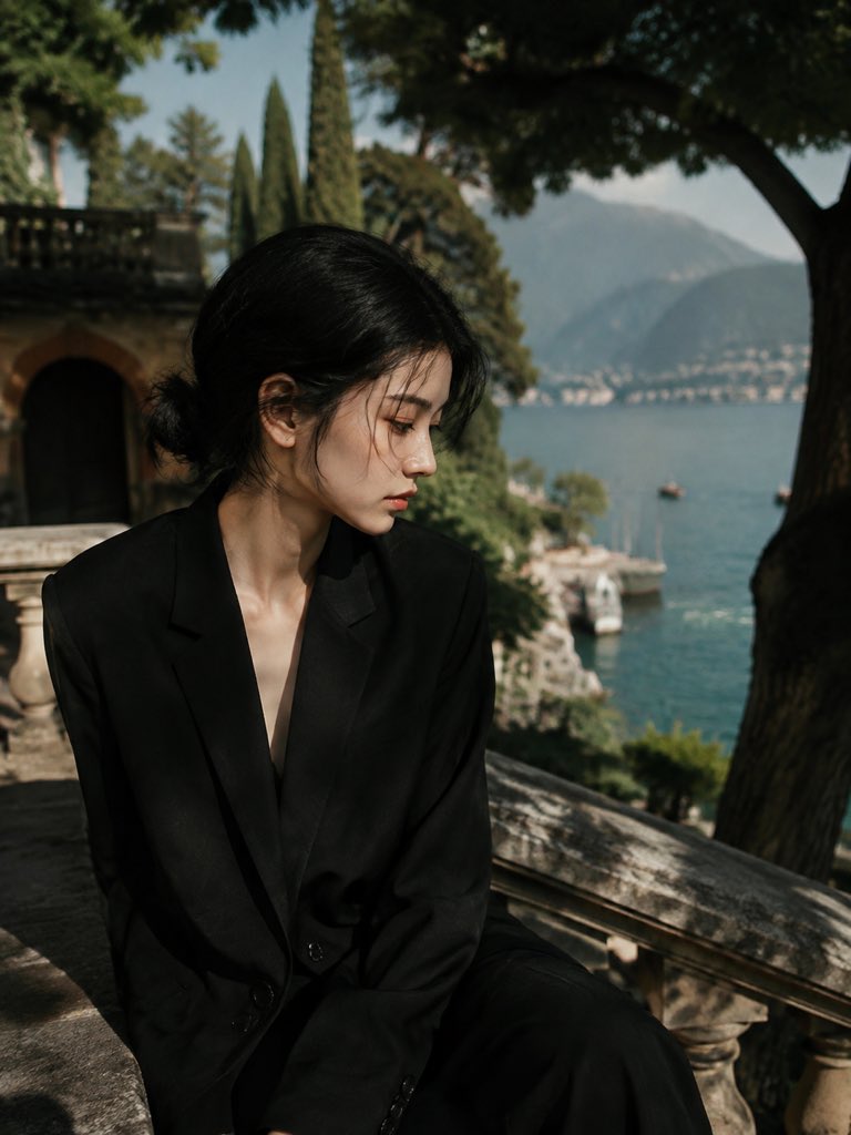 一位美丽的中国女性，留着黑色短发，独自坐在地中海别墅的露台旁，身着优雅的黑色定制西装外套，极简风格，神情安静而内敛，目光望向镜头之外。她坐在古老的石栏杆旁，俯瞰清澈见底的碧绿海水…