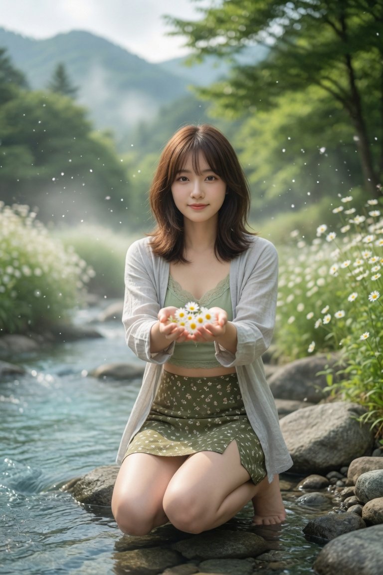 主体： 20岁东亚年轻女性，柔软的齐肩栗棕色短发，自然蓬松发型，精致椭圆形脸庞，干净白皙的半透明肌肤，淡雅自然日常妆容，温柔柔和的眼神，清新平静的五官 姿势、动作与表情： 跪坐在…