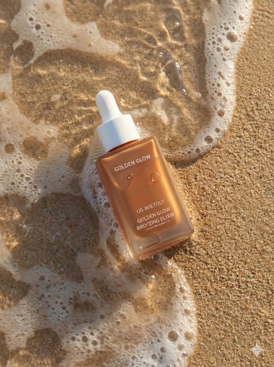 超写实夏日护肤品产品摄影：一款名为"Golden Glow - Bronzing Elixir"（金色光泽 - 古铜美颜精华）的美黑滴管瓶，矩形哑光瓶身采用温…