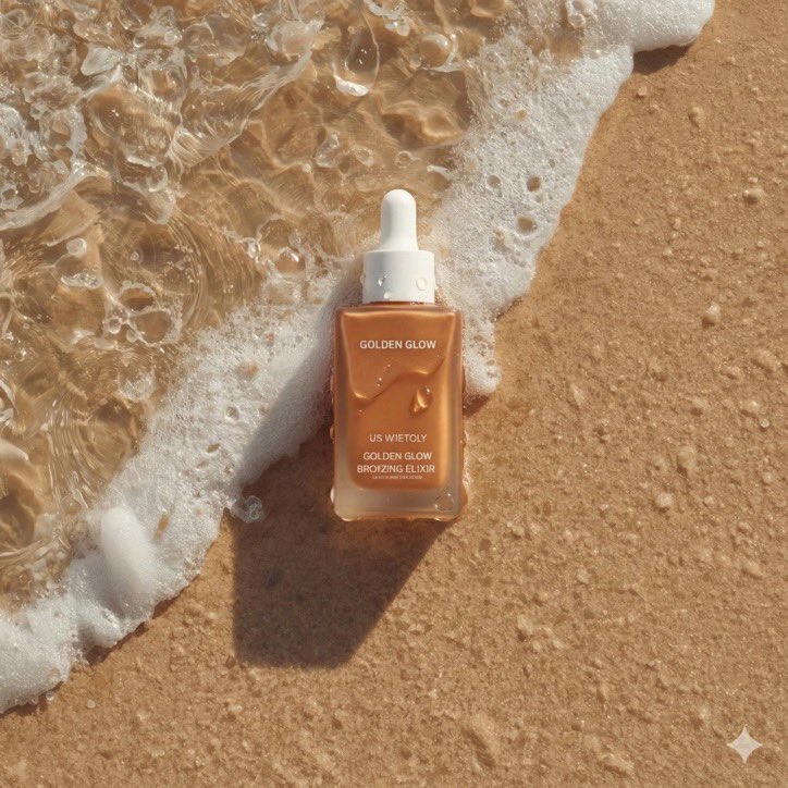 超写实夏日护肤品产品摄影：一款名为"Golden Glow - Bronzing Elixir"（金色光泽 - 古铜美颜精华）的美黑滴管瓶，矩形哑光瓶身采用温暖的阳光亲吻般的古铜…