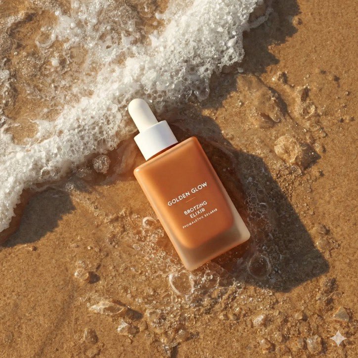 超写实夏日护肤品产品摄影：一款名为"Golden Glow - Bronzing Elixir"（金色光泽 - 古铜美颜精华）的美黑滴管瓶，矩形哑光瓶身采用温暖的阳光亲吻般的古铜…