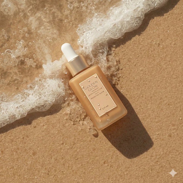 超写实夏日护肤品产品摄影：一款名为"Golden Glow - Bronzing Elixir"（金色光泽 - 古铜美颜精华）的美黑滴管瓶，矩形哑光瓶身采用温暖的阳光亲吻般的古铜…