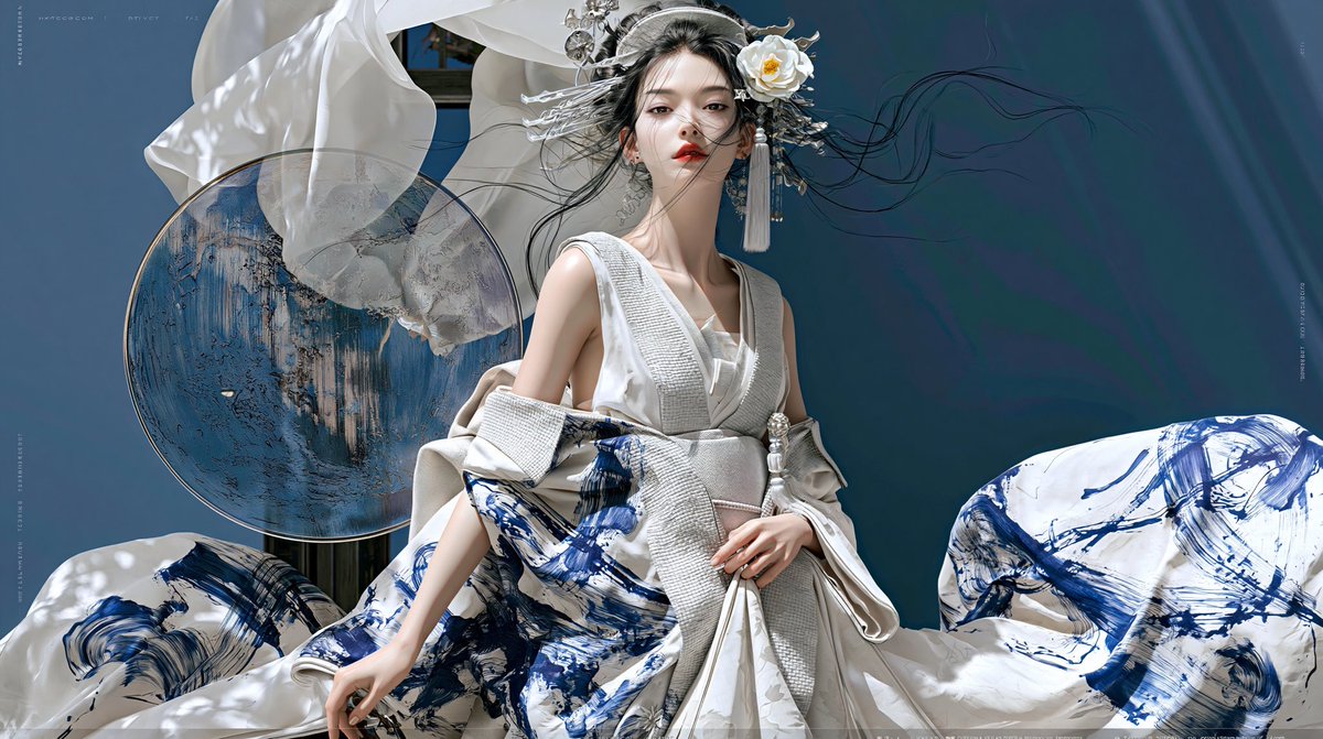 当代东方时尚摄影的杰作，超写实8K RAW摄影，电影级奢华编辑风格，高端中国高级定制美学，灵感源自传统水墨画与青花瓷艺术。 一位美丽的年轻东亚女性，拥有瓷器般苍白的肌肤、优雅的面…