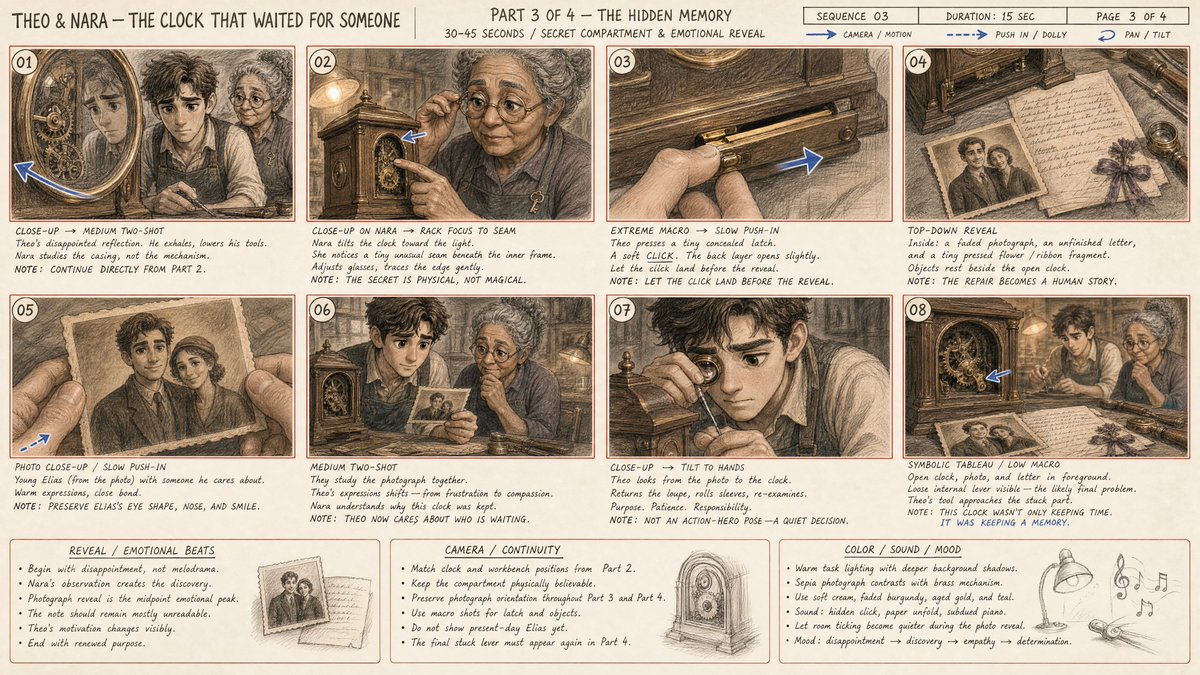 以精确的16:9宽屏横向格式,创建一份完整、高细节的专业动画故事板分镜表,内容为: "THEO & NARA — THE CLOCK THAT WAITED…
