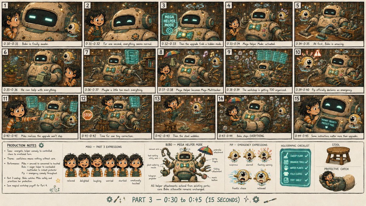 为一部名为《小机械师与沉睡的机器人》的原创2D动画短片绘制一张单一、高细节、专业级分镜表图片，仅对应第3部分。该表应呈现完整的15秒第3部分分镜，并在角色造型…