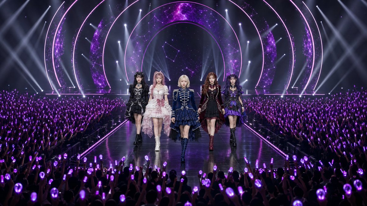 标题：VELVET NOVA — 第一部分：登场 格式 时长严格 7 秒，16:9 宽银幕，超写实高端 K-pop 体育馆演唱会影片，搭配原生同步立体声音频。一段连续的无人机式运…
