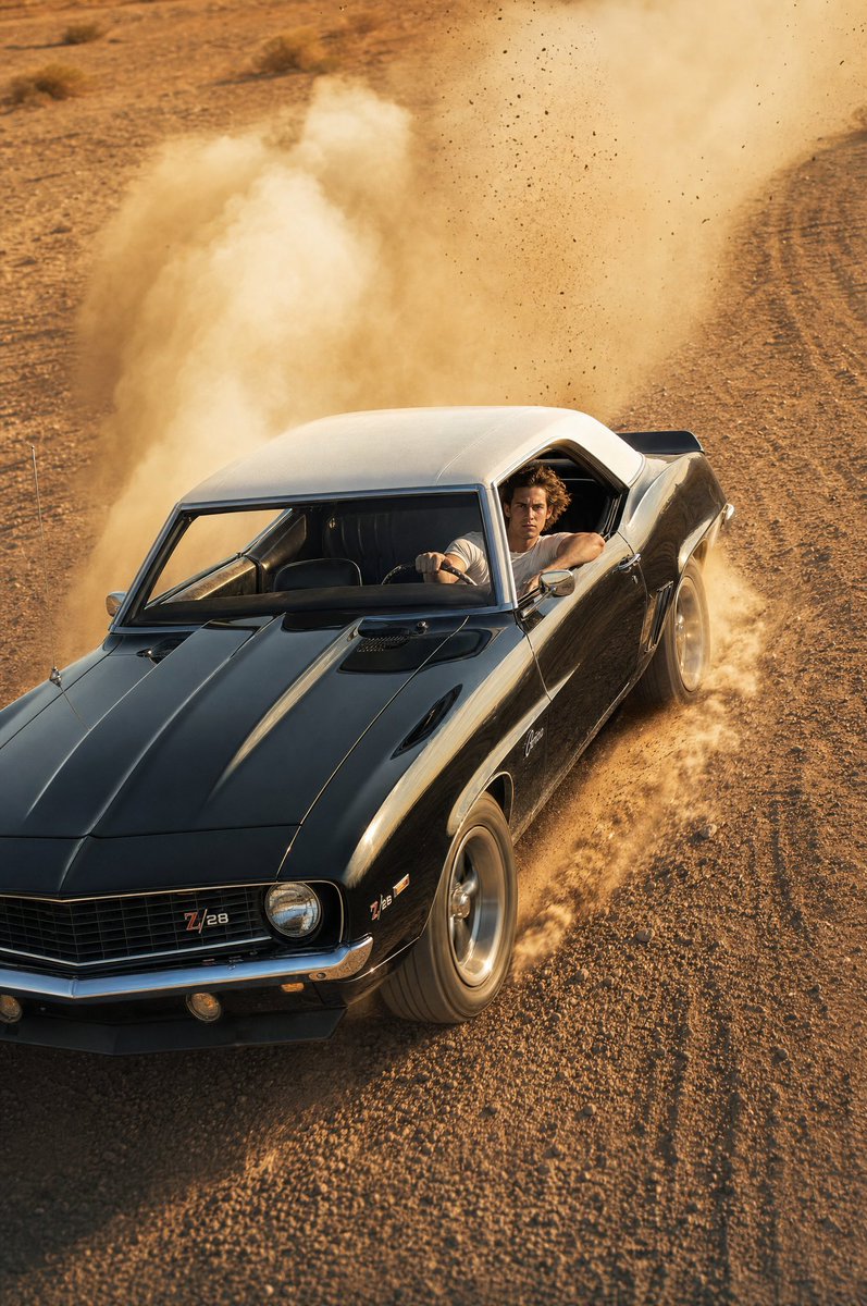创作一张超高写实度的8K UHD RAW HDR汽车编辑大片：1969年第一代雪佛兰Camaro，亮黑色车身搭配洁净的白色车顶，在开阔的沙漠土路上进行一段极具…