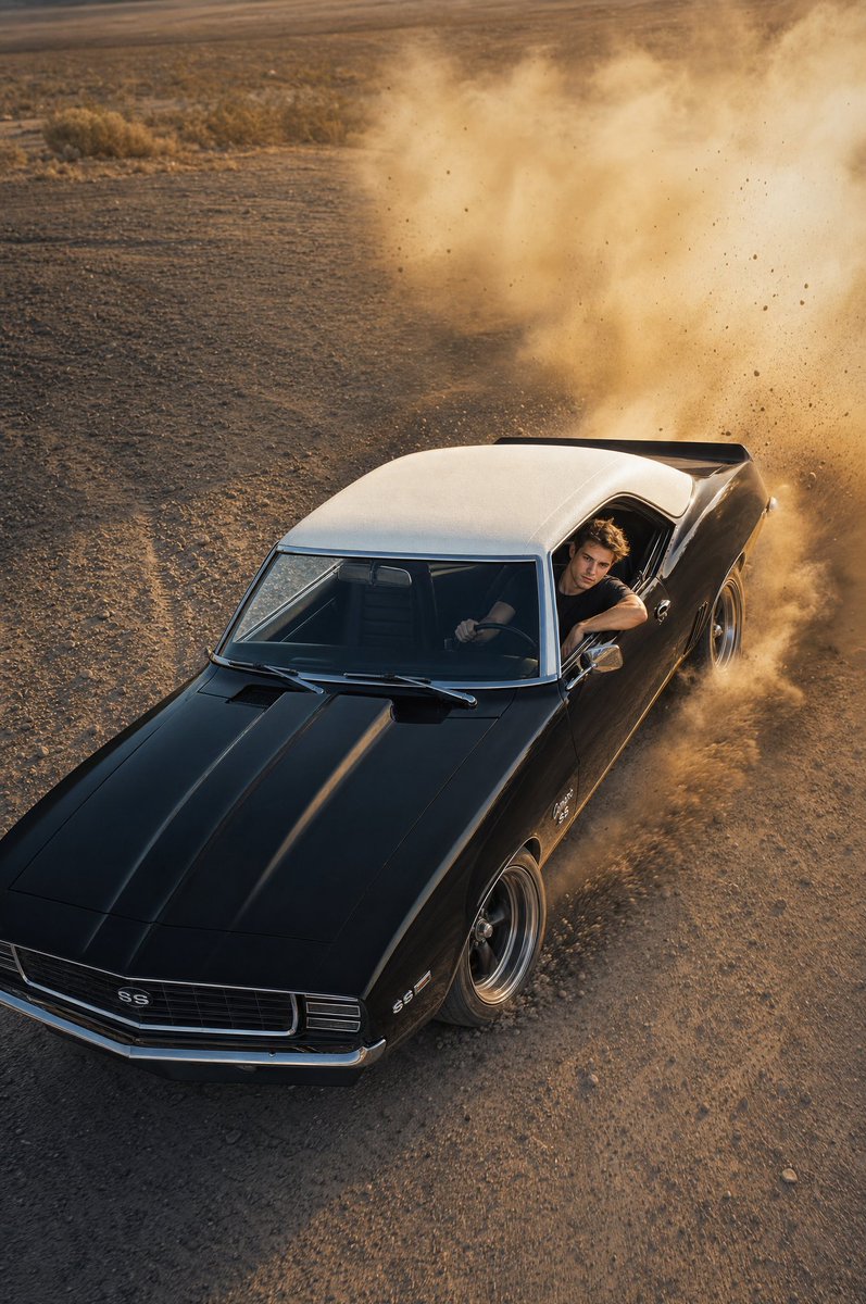 创作一张超高写实度的8K UHD RAW HDR汽车编辑大片：1969年第一代雪佛兰Camaro，亮黑色车身搭配洁净的白色车顶，在开阔的沙漠土路上进行一段极具攻击性的高速动力滑胎…