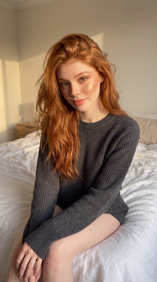 { "id": "golden_hour_cozy_bedroom_01", "prompt": "超写实温馨黄金时段卧室生活风格人像,年轻成年女性,铜红色长发自然飘逸,深棕红色…