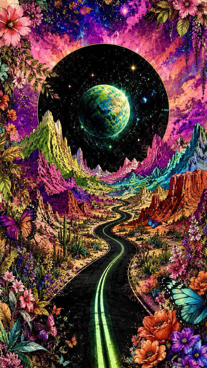 浪漫植物学宇宙奇幻插画：一条孤独的黑色公路蜿蜒穿过崎岖的迷幻沙漠群山，伸向地平线，霓虹绿色的双中心线散发着光芒，营造出戏剧性的透视效果。繁茂的层叠花朵、枝叶与…