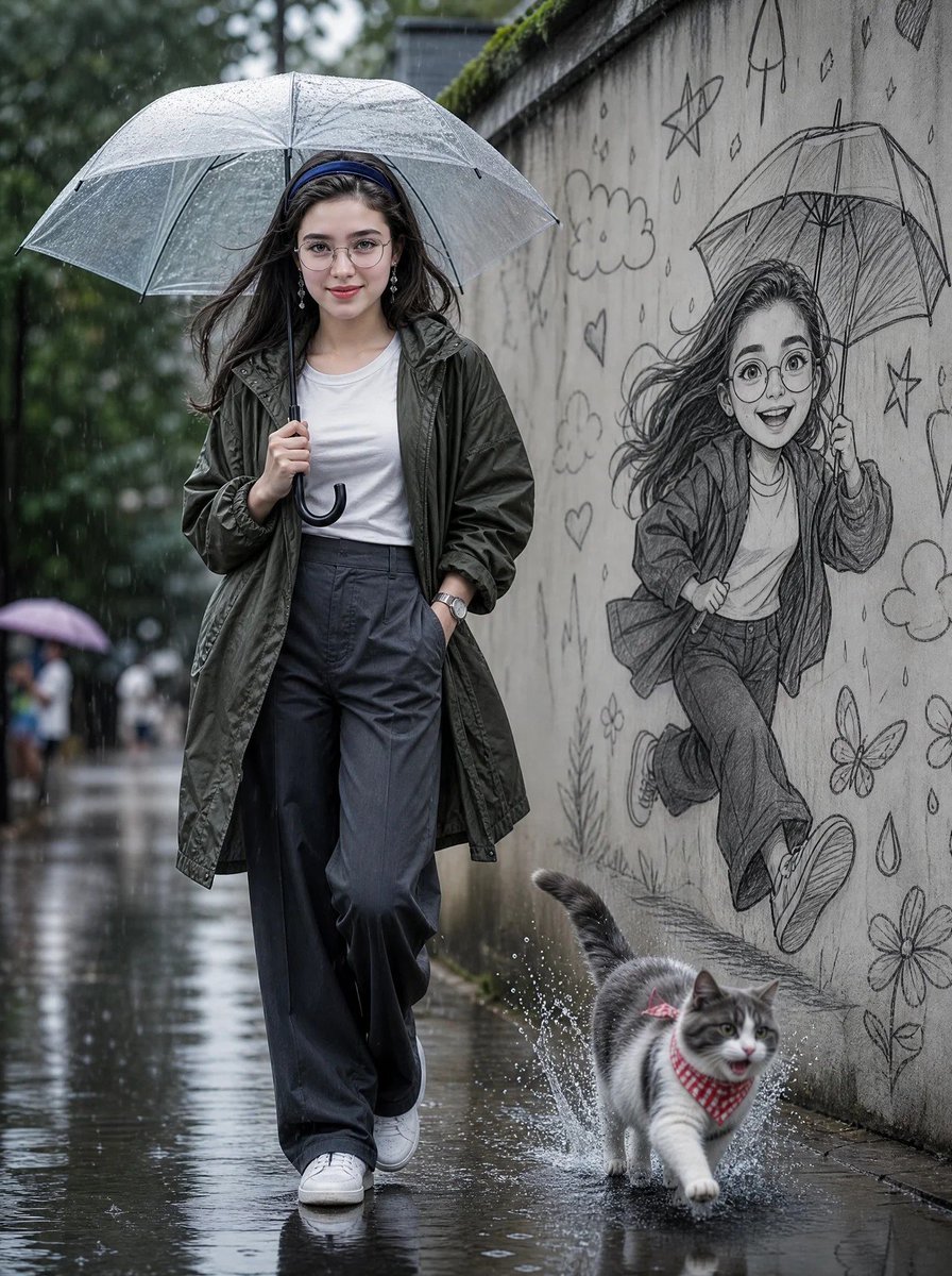 创作一幅电影级超写实的雨天街头人像：一位美丽的年轻女子在湿漉漉的街道上,撑着透明雨伞自信地行走。她身穿深橄榄绿色 oversized 雨衣,内搭一件纯白色贴身…