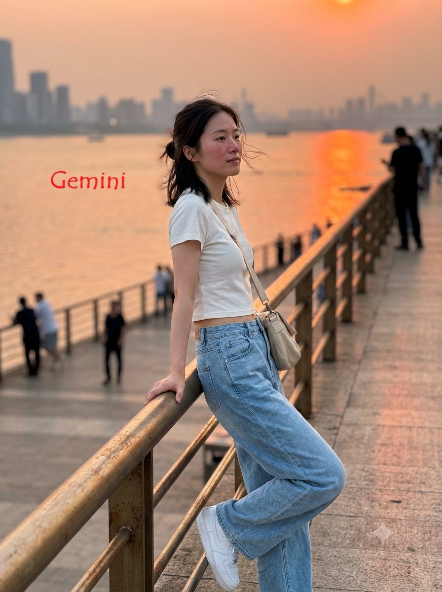 3:4，iPhone 17 后置摄像头搭配 35mm 镜头，写实随性的日常抓拍照片。 主体：25 岁以上、身形纤细的中国女性，干净自然的发型，身着柔软白色短款 T 恤、宽松浅蓝色…