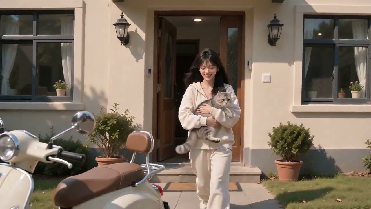 一个连续的超写实电影镜头,纵向 16:9。晴朗的白天。一位美丽的年轻女子抱着毛茸茸的银色虎斑猫走出家门,微笑着走向停在门外的电动滑板车,坐上滑板车,轻轻地把一…