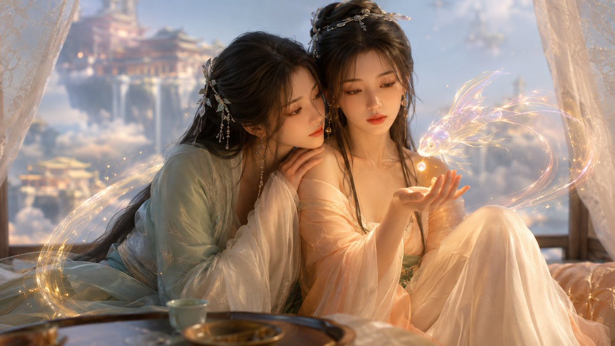 仙子、仙物、仙域 ☁️ 云上楼阁中的双姝与灵鱼 🐟 GPT- image 2 prompt 👇 16:9 宽屏。柔和、明亮的 3D 动画电影感渲染——高级 C…