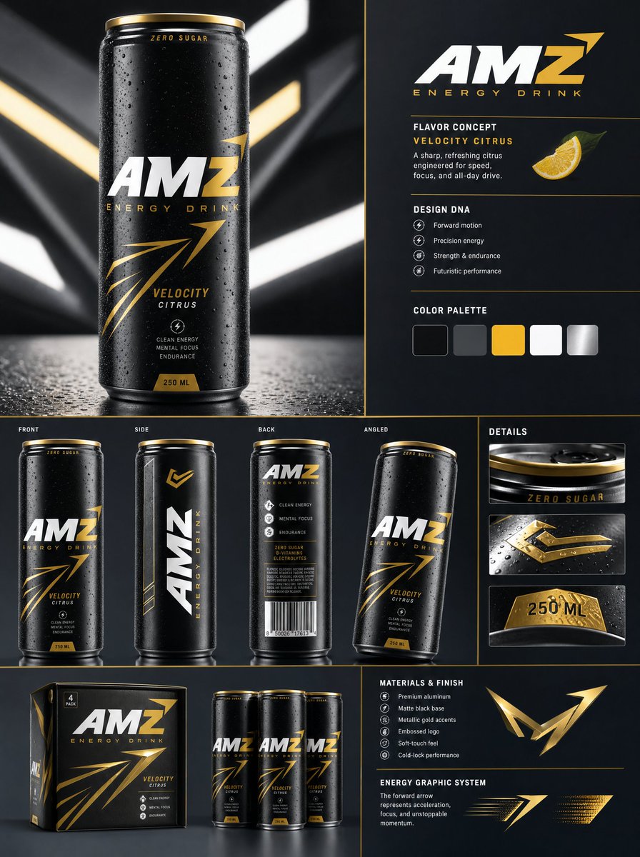 [BRAND NAME] → 高级能量饮料概念 将 [BRAND NAME] 转化为一个未来感、高端的能量饮料品牌，使用其现有的标志、色彩、字体、形状、比例和视觉个性作为核心创意…