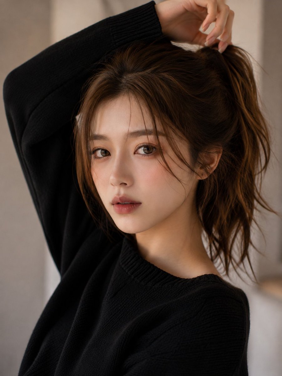 电影感的特写美人肖像，一位年轻女性，柔和的栗棕色头发扎成松散的马尾，几缕碎发轻拂着精致的脸庞，目光平静优雅地直视镜头。一只手臂高举过头，形成优雅的构图。身穿极…