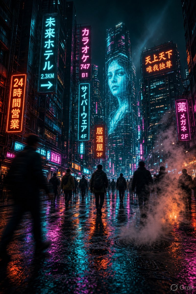 夜晚的未来赛博朋克城市街道，竖向构图。霓虹招牌（包含清晰的日文文字）在高耸的摩天大楼上发光。湿润的人行道倒映着鲜艳的灯光与全息广告。浓重的蒸汽从下水道井盖升起，融入霓虹照亮的雾气…