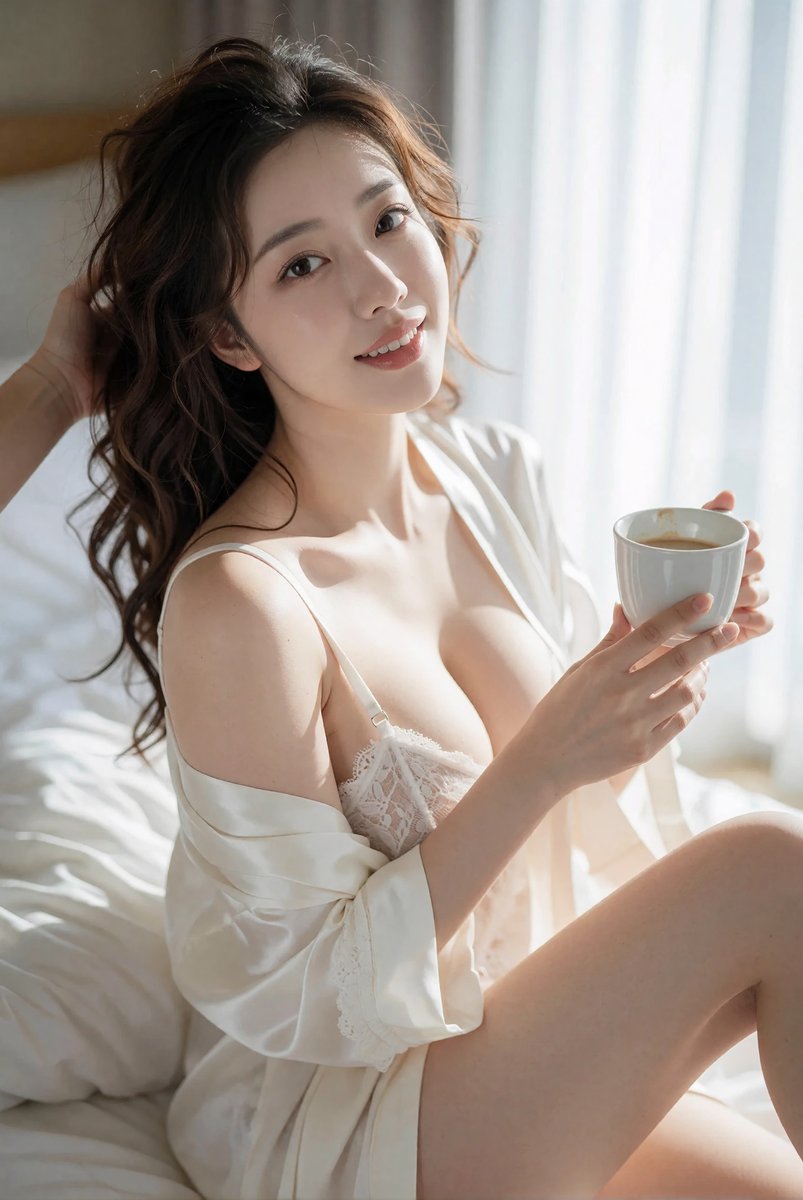 👇 主体： 20岁的东亚年轻女性，蓬松波浪状栗棕色中长发，自然柔和的妆容，明亮温暖的眼睛，白皙通透的皮肤，温柔明亮的露齿笑容，放松的暖色调面部表情 姿势、动作与表情： 坐在柔软的…
