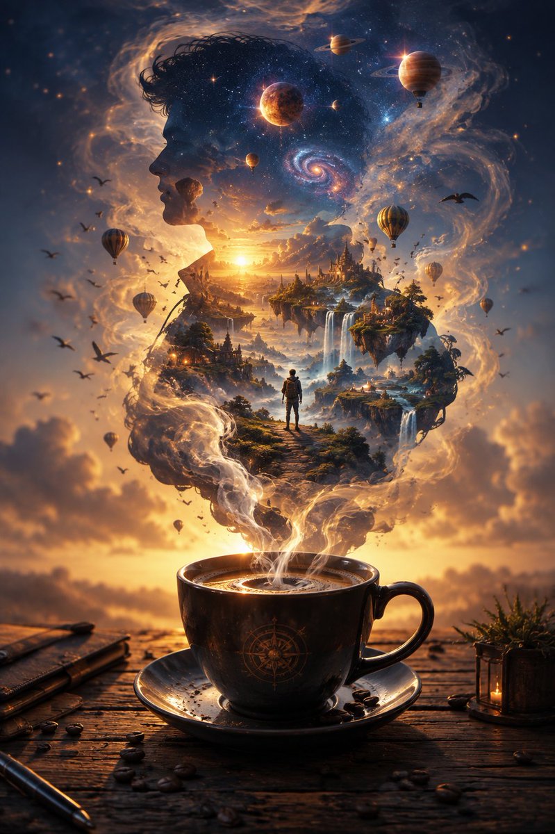 杯中宇宙 ☕✨ 每一段伟大的冒险，都始于一安静的瞬间。 一杯温热的咖啡。 一颗好奇的心。 以及一份拒绝渺小的想象。 也许宇宙并不在遥远的地方。 也许它早已藏在我们选择看见的故事里…
