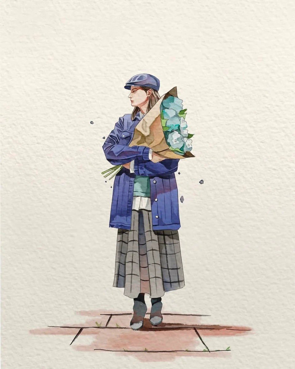 极简水彩插画,绘制于带有纹理的象牙白手工纸上,柔和的粉彩配色,细腻的墨线轮廓,微妙的水彩晕染效果,温馨的绘本美学,留有大量干净的负空间。 一位时尚年轻女性身着现代休闲服装,是画面…