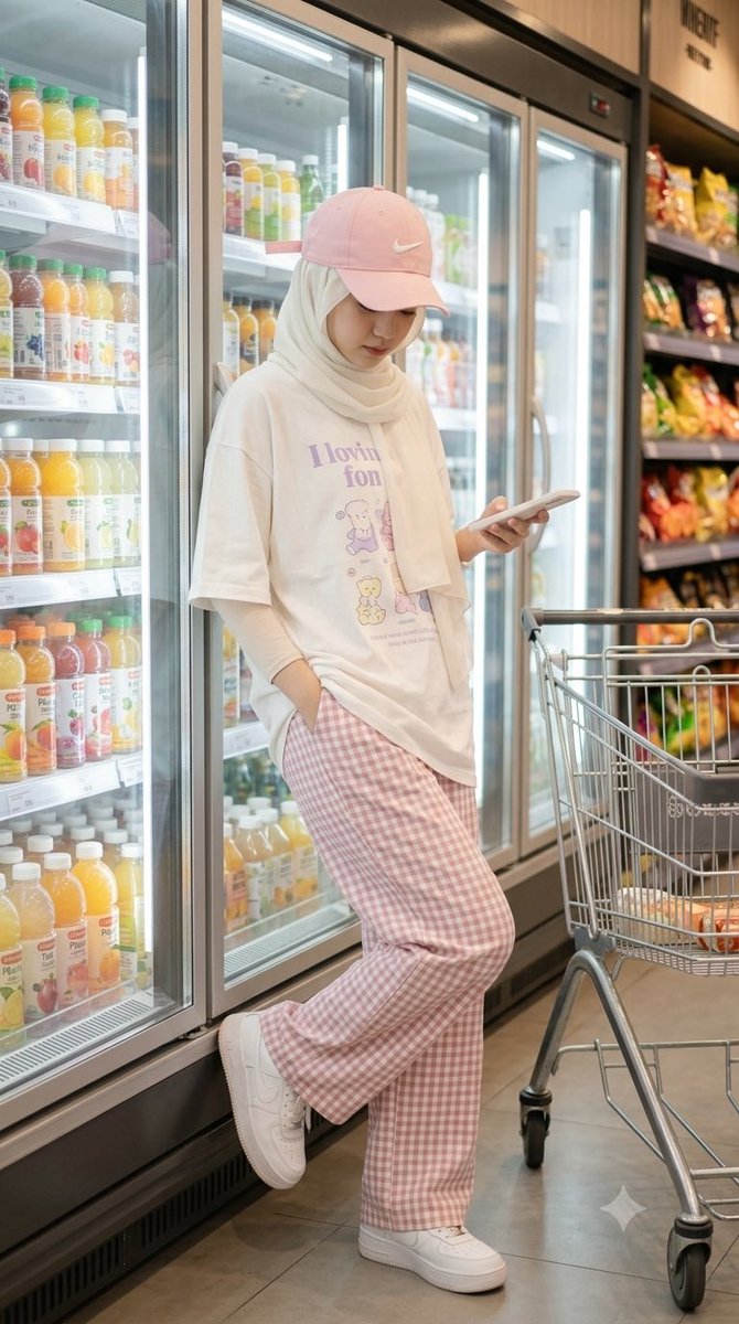一位身材苗条、面容美丽的年轻女性戴着头巾（hijab），身处一家现代亚洲风格超市的饮料区。竖向 9:16 照片构图，全身入镜，随性生活摄影。相机位置略低于胸口高度（略微仰拍角度）…