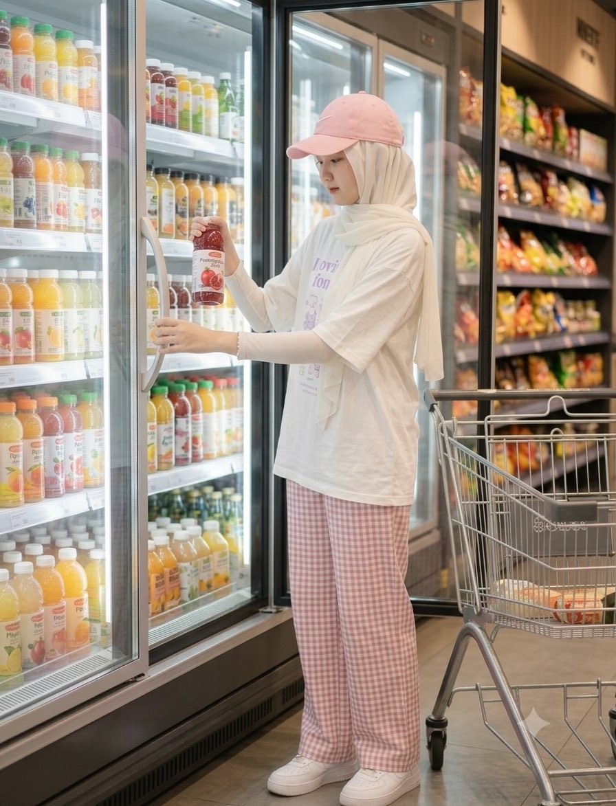 一位身材苗条、面容美丽的年轻女性戴着头巾（hijab），身处一家现代亚洲风格超市的饮料区。竖向 9:16 照片构图，全身入镜，随性生活摄影。相机位置略低于胸口高度（略微仰拍角度）…