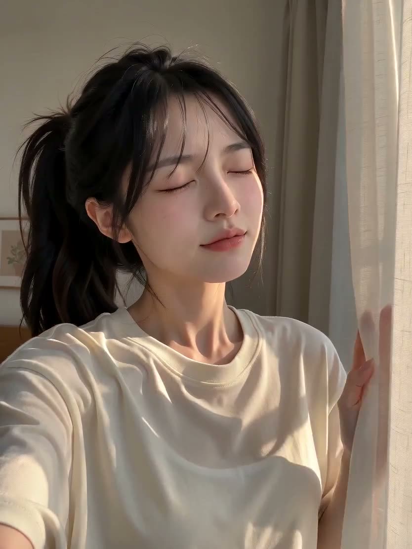 超写实电影感竖屏视频,10秒。美丽年轻的韩国女性在她温馨的卧室里享受一个平静而慵懒的早晨,身穿宽松的米白色T恤。柔和的金色阳光透过薄纱窗帘洒入,营造出清新梦幻…