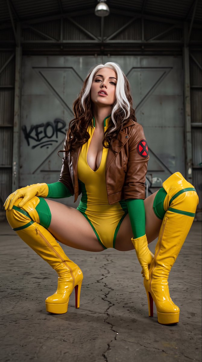 { "subject": { "description": "年轻女性 Emily Rudd,肤色白皙,深棕色长卷发一侧带有醒目的白色发绺,面部特征鲜明,饱满的双唇微张,以自信而…
