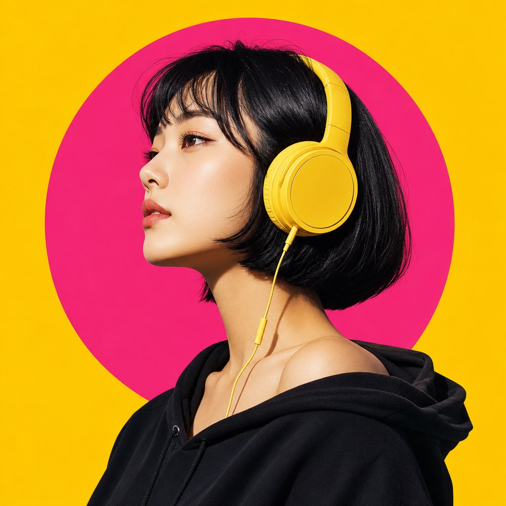 创作一幅超精细的现代波普艺术肖像:一位自信的东亚女性,以干净的左侧侧面呈现,微微仰视,神情平静而坚定。她留着利落的齐下巴短发波波头,带有柔和蓬松的刘海,乌黑丝…