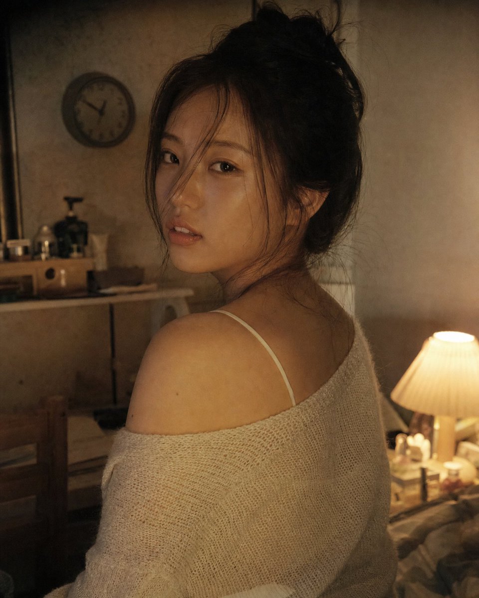 4:5 竖版抓拍人像 一张超写实的 4:5 竖版抓拍人像,画面中一位年轻成年韩国女性在灯光昏暗的卧室中自然地回头望向镜头。她身穿一件宽松的米色针织一字肩毛衣,隐约可见内搭精致的细…