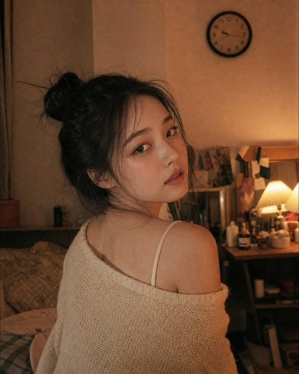 4:5 竖版抓拍人像 一张超写实的 4:5 竖版抓拍人像,画面中一位年轻成年韩国女性在灯光昏暗的卧室中自然地回头望向镜头。她身穿一件宽松的米色针织一字肩毛衣,隐约可见内搭精致的细…