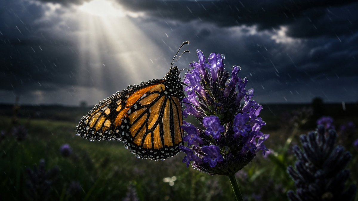 GPT Image 2 提示词，第一张为基础图，其余为其变体 P1：A monarch butterfly, wings dusted with pollen, clings t…