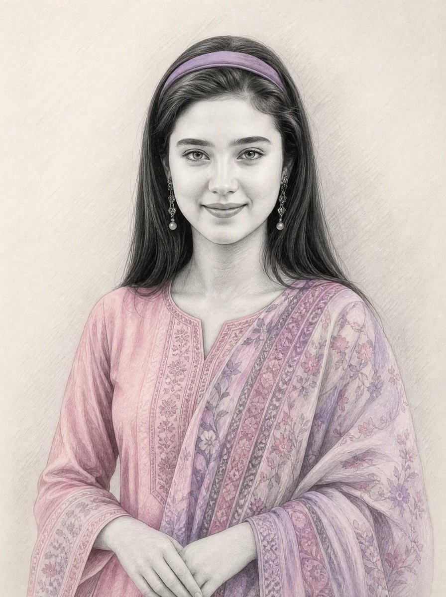 一幅超写实的柔和石墨铅笔素描插画，带有选择性着色，描绘了 image_0.png 中那位女性的相貌、面部特征、表情、年龄及黑色长发。主体为半身至胸部以上的肖像…
