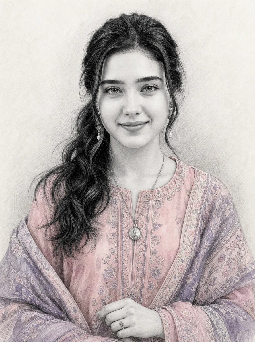 一幅超写实的柔和石墨铅笔素描插画,带有选择性着色,描绘了 image_0.png 中那位女性的相貌、面部特征、表情、年龄及黑色长发。主体为半身至胸部以上的肖像,置于画面中央,背景…