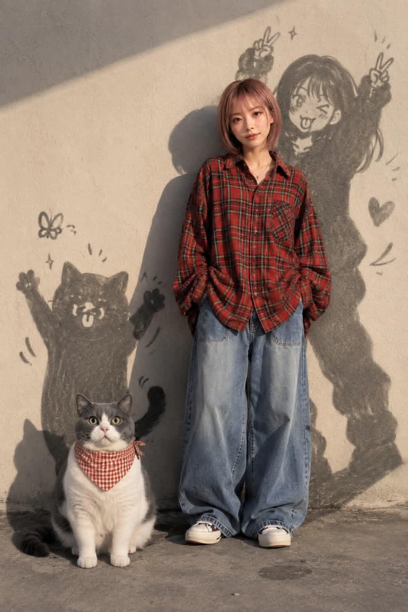 创作一幅温馨、电影感、动漫灵感的生活方式人像，描绘一位有着短款粉彩色粉红波波头可爱年轻女性。她身穿一件宽松复古红色格纹法兰绒衬衫、宽松蓝色牛仔裤和经典帆布鞋…