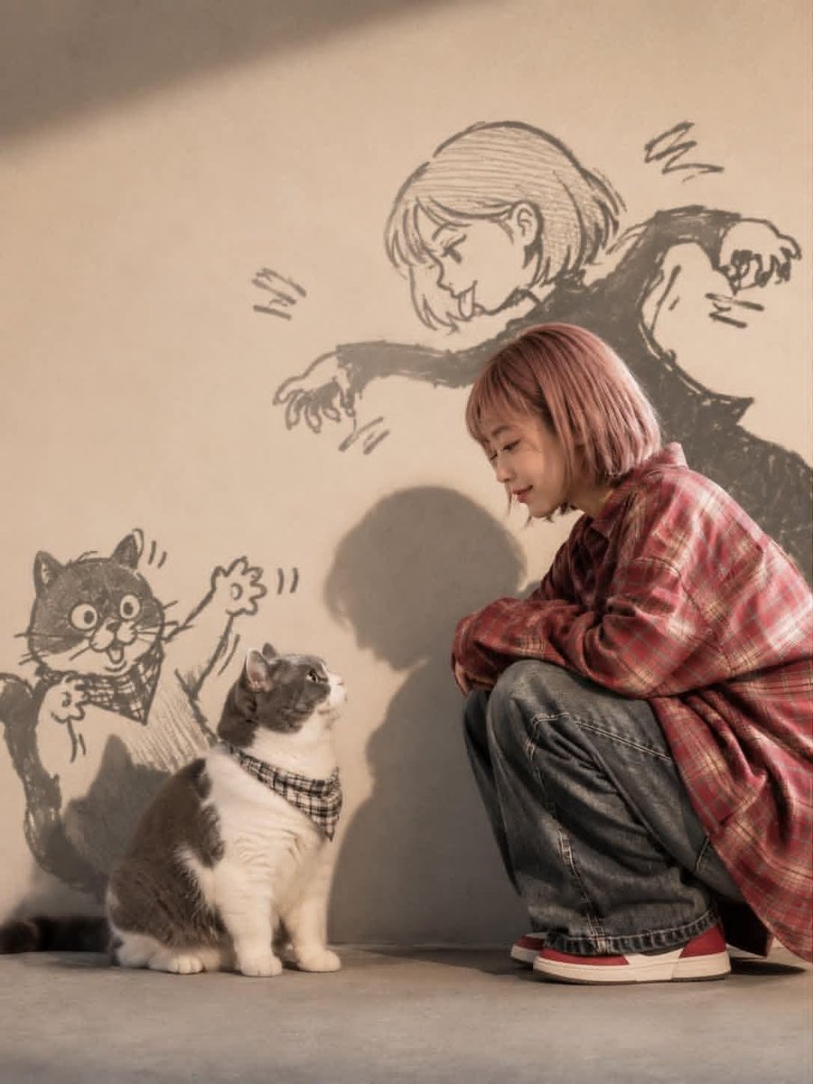 创作一幅温馨、电影感、动漫灵感的生活方式人像，描绘一位有着短款粉彩色粉红波波头可爱年轻女性。她身穿一件宽松复古红色格纹法兰绒衬衫、宽松蓝色牛仔裤和经典帆布鞋。她身旁是一只毛茸茸的…
