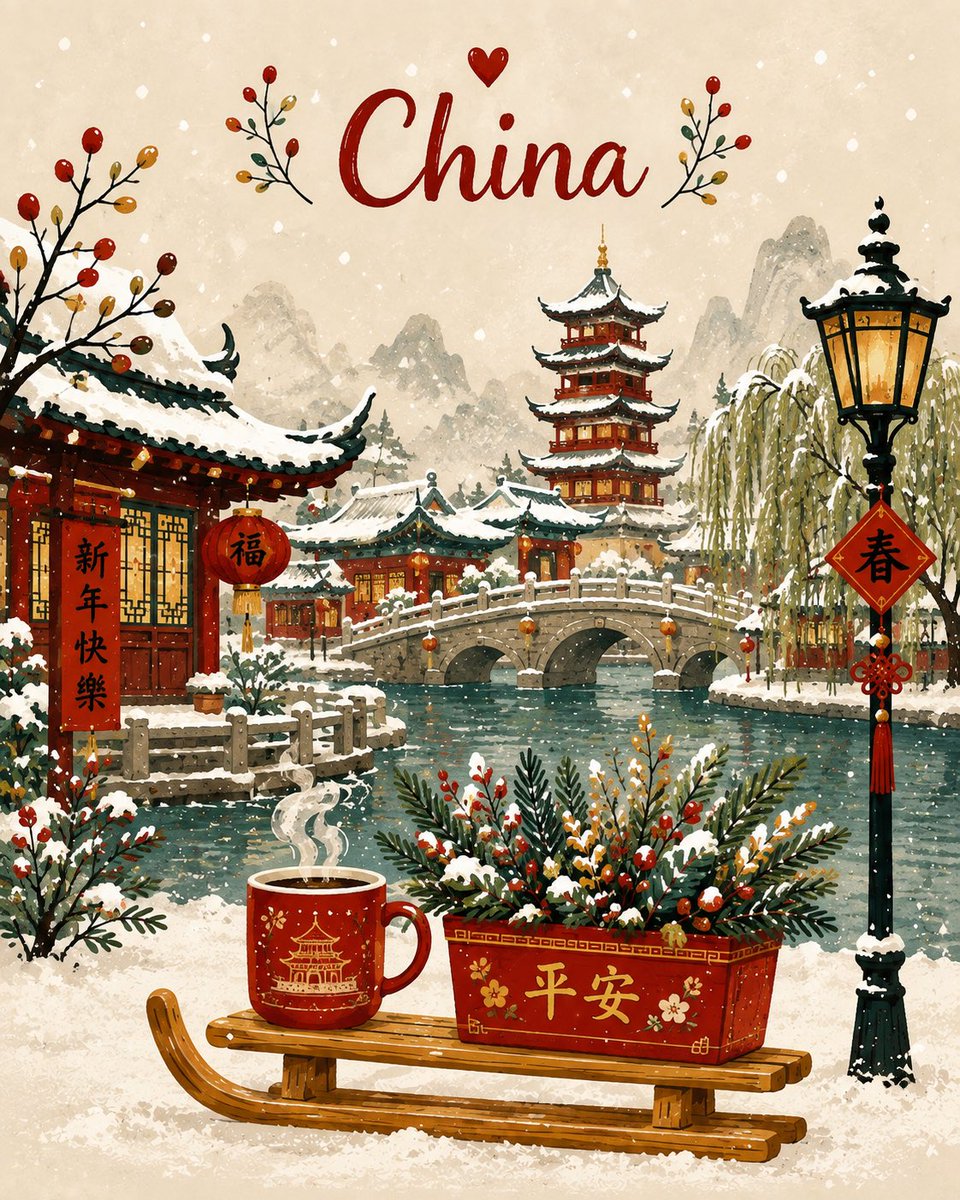 创作一幅迷人的竖版冬季故事书插画，采用温馨的手绘水彩风格，带有奇趣的民间艺术气息。描绘一组色彩斑斓、狭窄的欧式小屋，屋顶覆盖着厚厚的蓬松积雪，拥有陡峭的三角形屋顶、透出暖光的窗户…