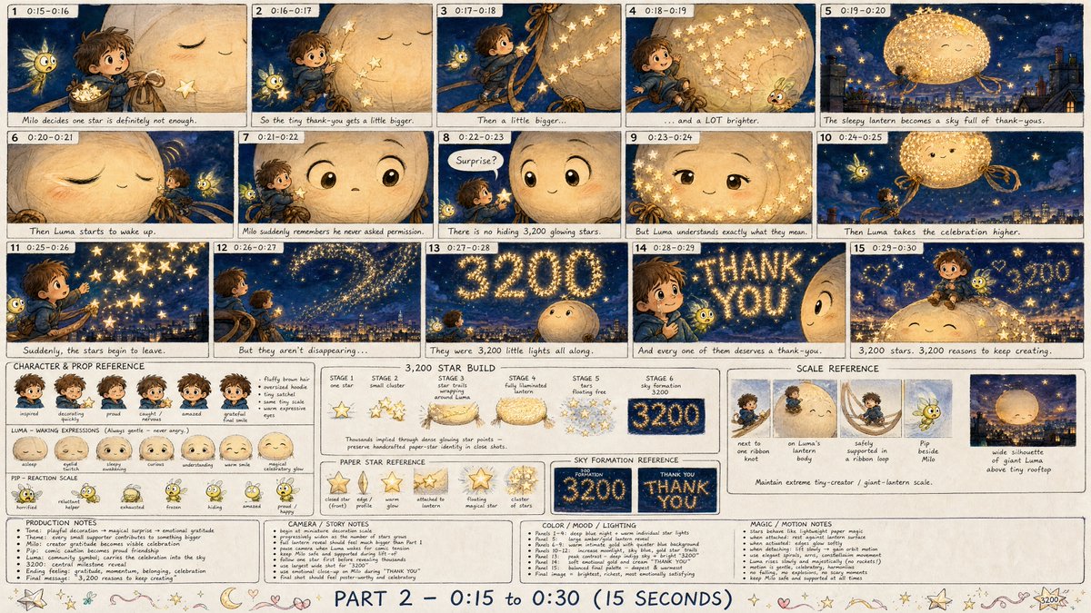 为一部原创二维动画短片《小创作者与3200颗纸星星》的第二部分（PART 2）创建一张高细节、专业级的动画分镜表图像。该分镜表覆盖最后15秒（0:15到0:3…