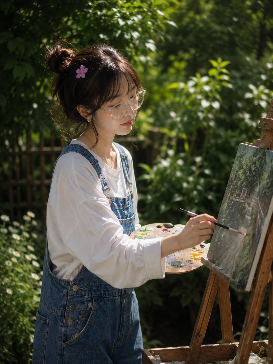 一幅梦幻般的户外人像照：一位年轻女子在郁郁葱葱的花园中画画，站在一个木质画架旁。她有一头齐肩的深棕色头发，带着柔和的刘海，用一个小小的柔和色彩发夹装饰，戴着一副透明的大框眼镜。她…