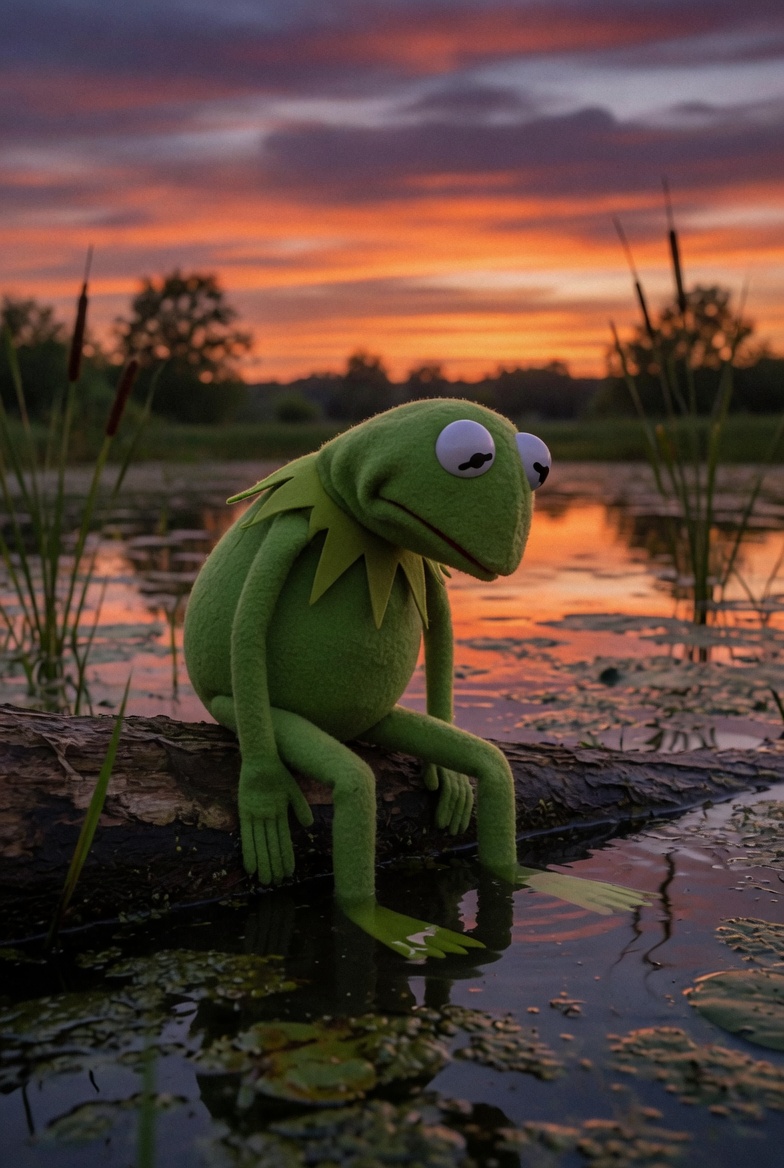 一张非常悲伤的青蛙柯密特（kermit the frog）的照片，他坐在池塘里的一根原木上，低垂着头，悲伤、沮丧、闷闷不乐、陷入绝望，日落时分